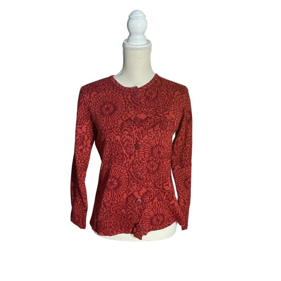 Intiwara Baby Alpaca cardigan sweater M medium red print crew neck Bolivia S - Picture 2 of 7